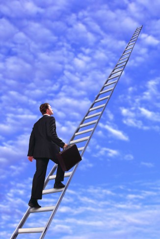 Man Walking up Ladder to Clouds